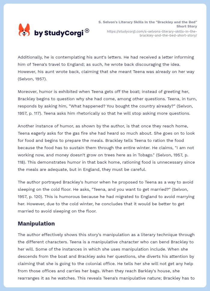 S. Selvon's Literary Skills in the "Brackley and the Bed" Short Story. Page 2