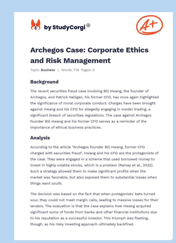 Archegos Case: Corporate Ethics and Risk Management. Page 1