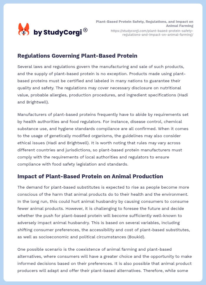 Plant-Based Protein Safety, Regulations, and Impact on Animal Farming. Page 2