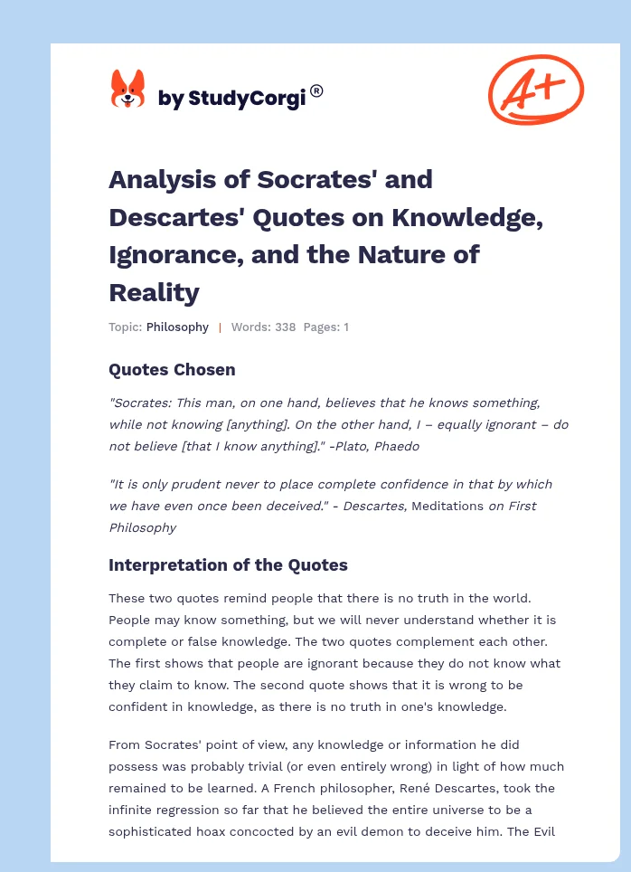 Analysis of Socrates' and Descartes' Quotes on Knowledge, Ignorance, and the Nature of Reality. Page 1