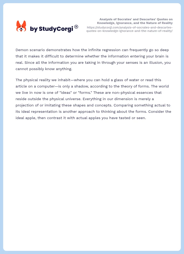 Analysis of Socrates' and Descartes' Quotes on Knowledge, Ignorance, and the Nature of Reality. Page 2