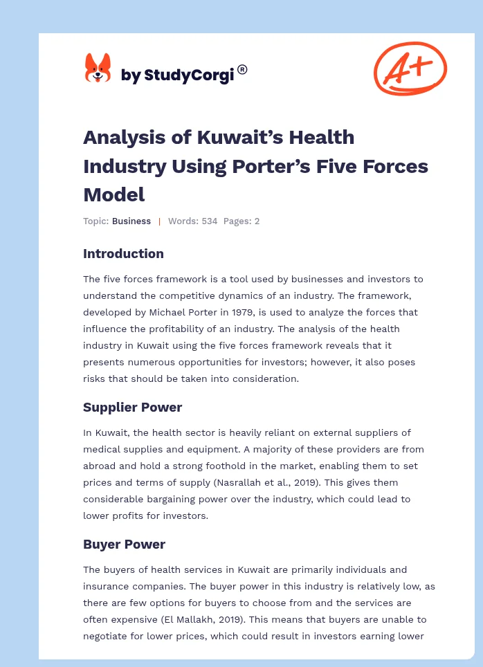 Analysis of Kuwait’s Health Industry Using Porter’s Five Forces Model. Page 1