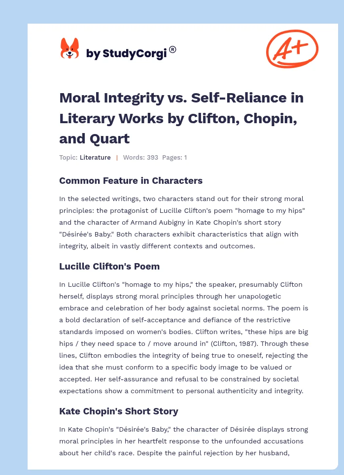 Moral Integrity vs. Self-Reliance in Literary Works by Clifton, Chopin, and Quart. Page 1