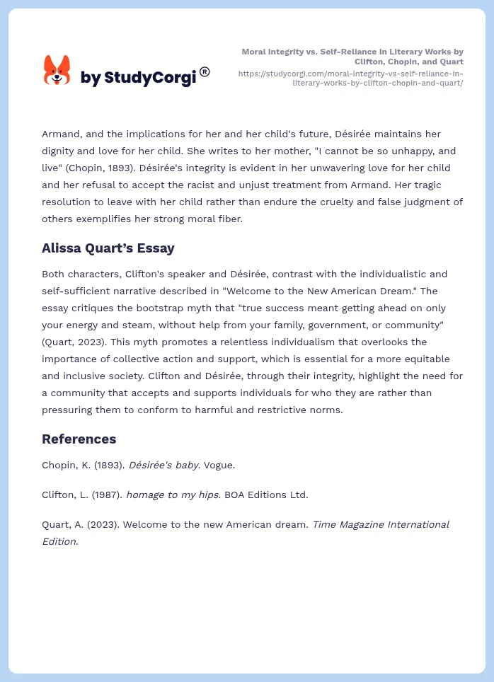 Moral Integrity vs. Self-Reliance in Literary Works by Clifton, Chopin, and Quart. Page 2