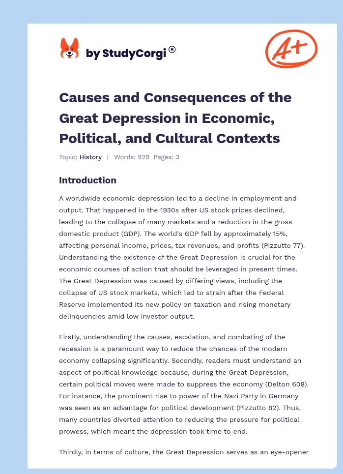 Causes and Consequences of the Great Depression in Economic, Political, and Cultural Contexts. Page 1
