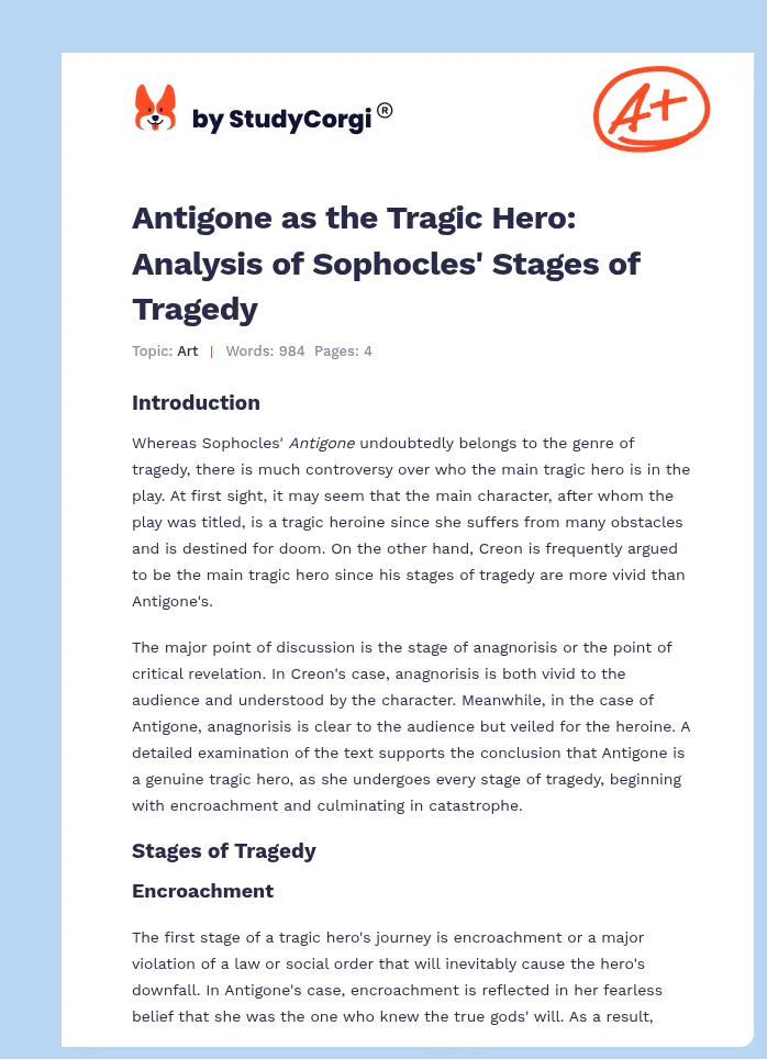 Antigone as the Tragic Hero: Analysis of Sophocles' Stages of Tragedy. Page 1