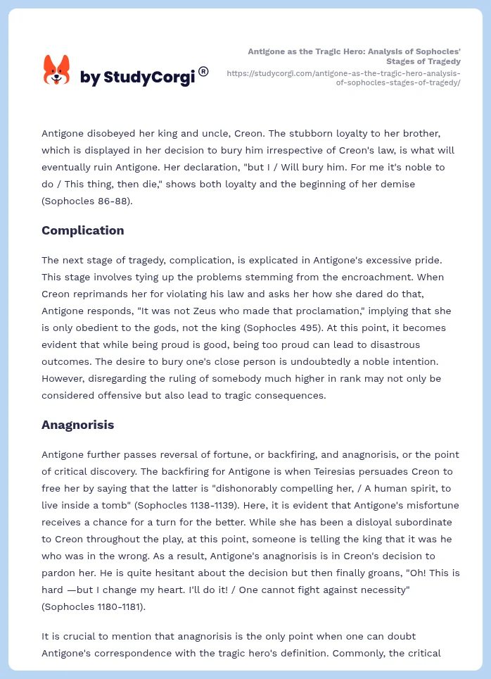 Antigone as the Tragic Hero: Analysis of Sophocles' Stages of Tragedy. Page 2