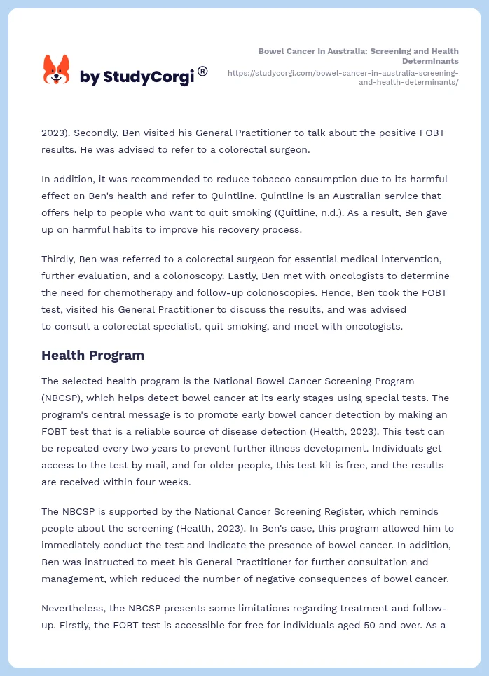 Bowel Cancer in Australia: Screening and Health Determinants. Page 2