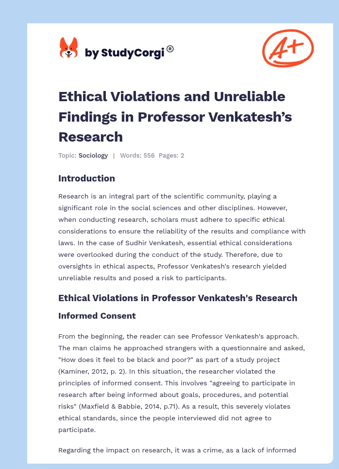 Ethical Violations and Unreliable Findings in Professor Venkatesh’s Research. Page 1