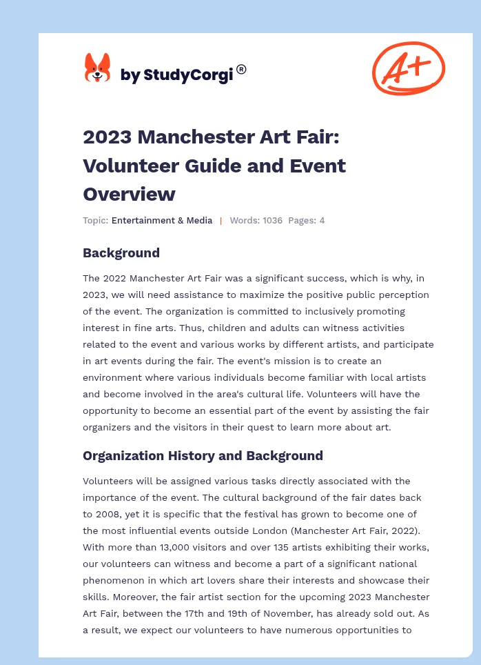 2023 Manchester Art Fair: Volunteer Guide and Event Overview. Page 1