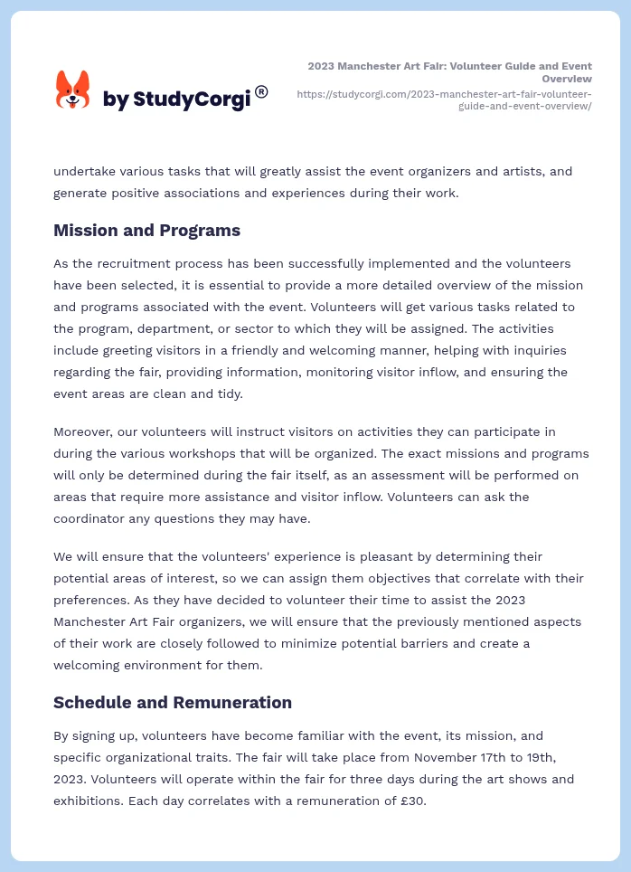 2023 Manchester Art Fair: Volunteer Guide and Event Overview. Page 2