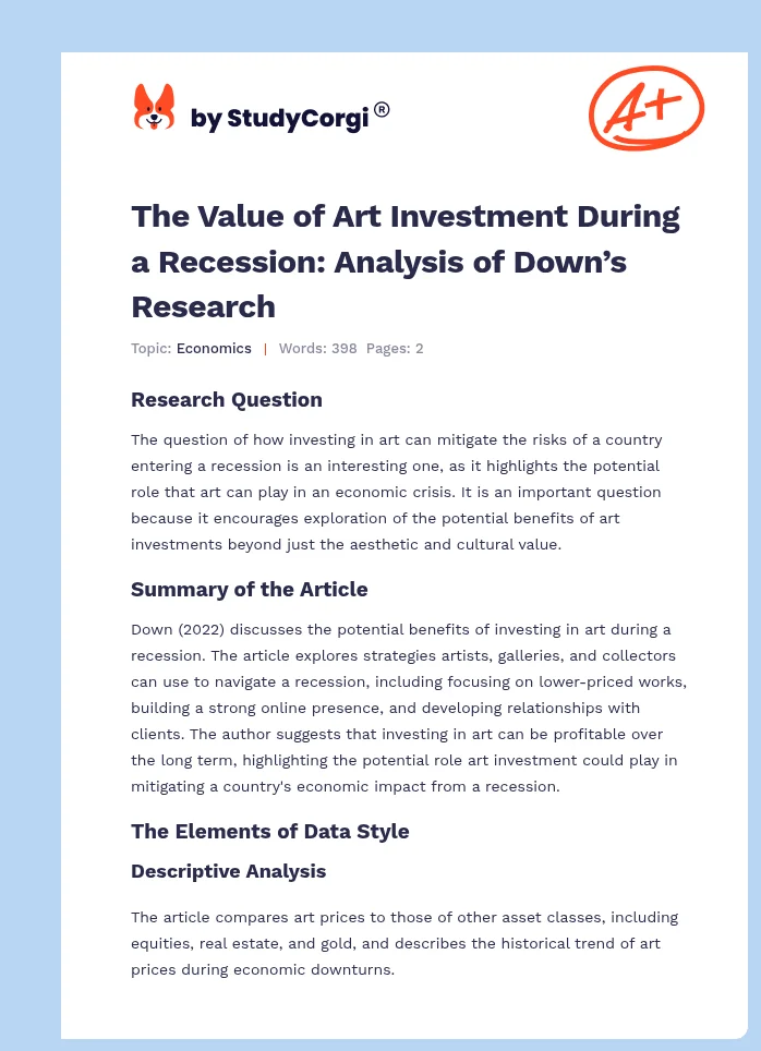 The Value of Art Investment During a Recession: Analysis of Down’s Research. Page 1