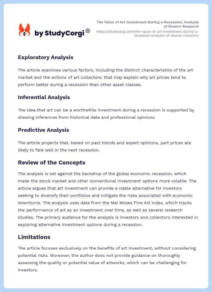 The Value of Art Investment During a Recession: Analysis of Down’s Research. Page 2
