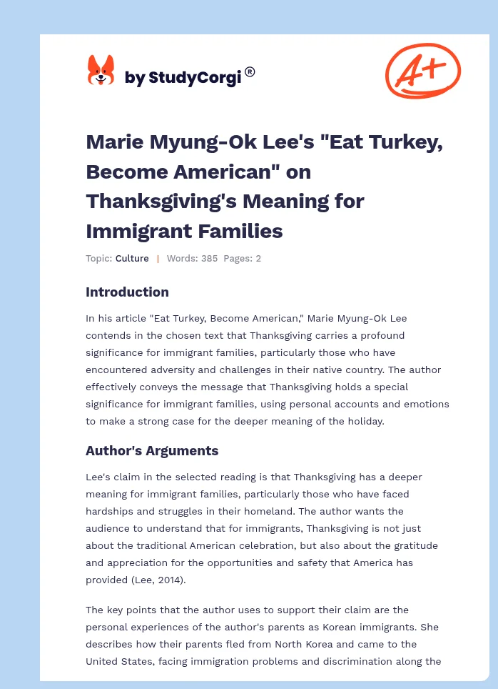 Marie Myung-Ok Lee's "Eat Turkey, Become American" on Thanksgiving's Meaning for Immigrant Families. Page 1