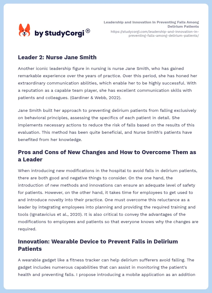 Nursing Leadership and Innovative Technologies for Fall Prevention in Delirium Patients. Page 2