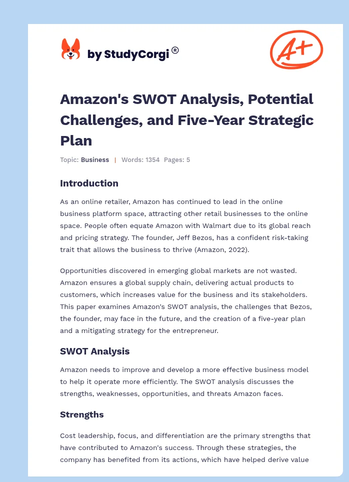Amazon's SWOT Analysis, Potential Challenges, and Five-Year Strategic Plan. Page 1