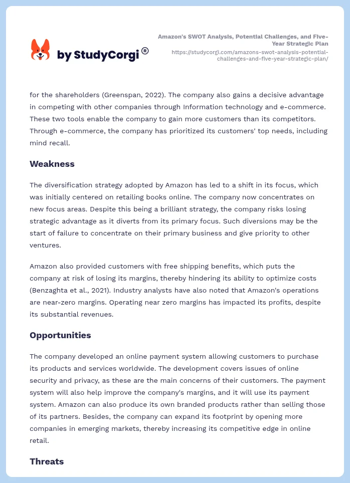 Amazon's SWOT Analysis, Potential Challenges, and Five-Year Strategic Plan. Page 2