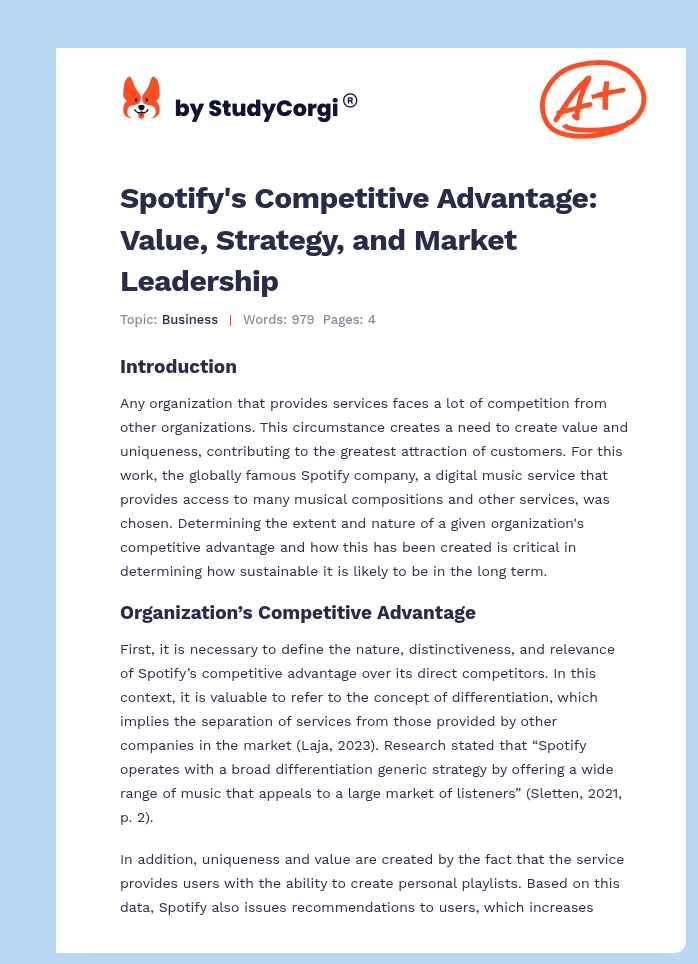 Spotify's Competitive Advantage: Value, Strategy, and Market Leadership. Page 1