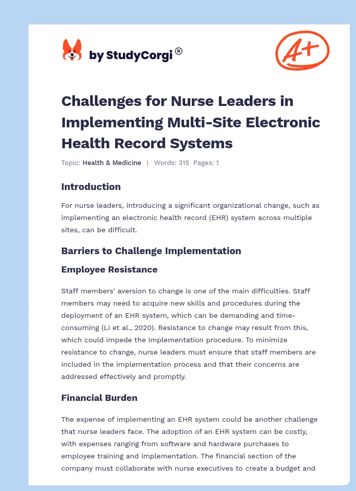 Challenges for Nurse Leaders in Implementing Multi-Site Electronic Health Record Systems. Page 1