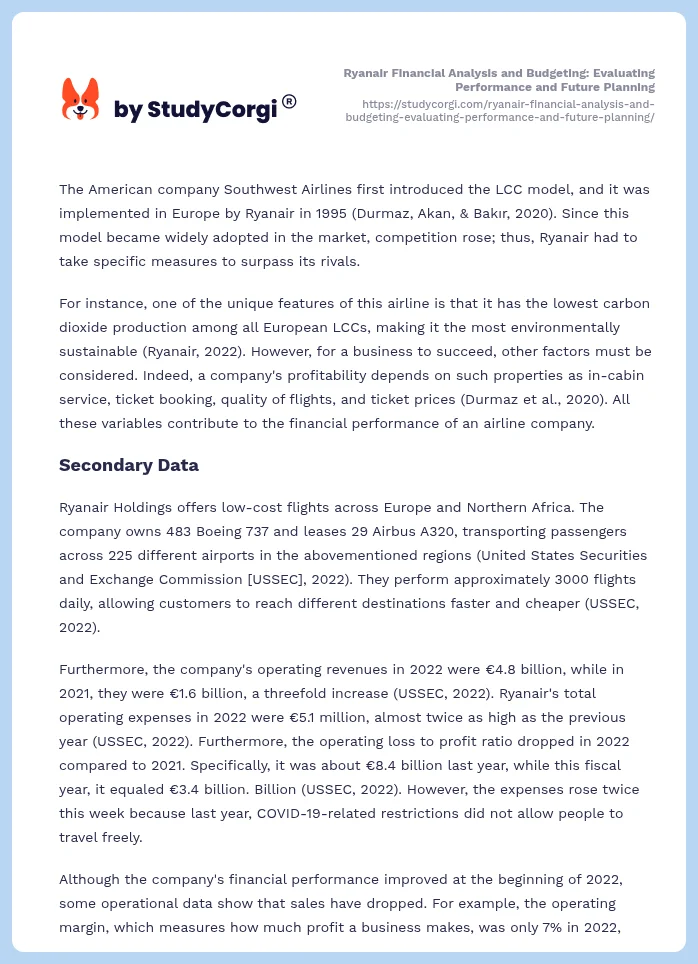 Ryanair Financial Analysis and Budgeting: Evaluating Performance and Future Planning. Page 2