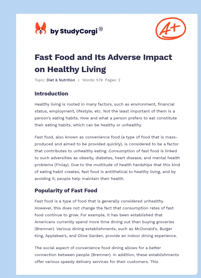 Fast Food and Its Adverse Impact on Healthy Living. Page 1