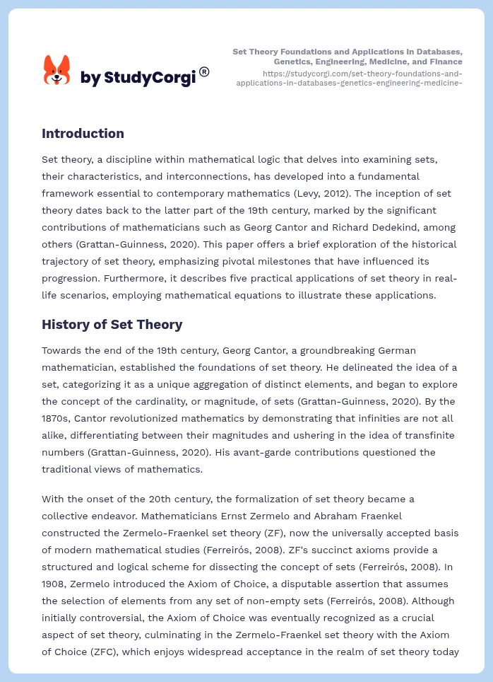 Set Theory Foundations and Applications in Databases, Genetics, Engineering, Medicine, and Finance. Page 2