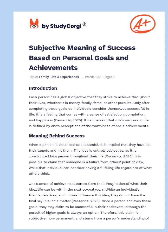 Subjective Meaning of Success Based on Personal Goals and Achievements. Page 1