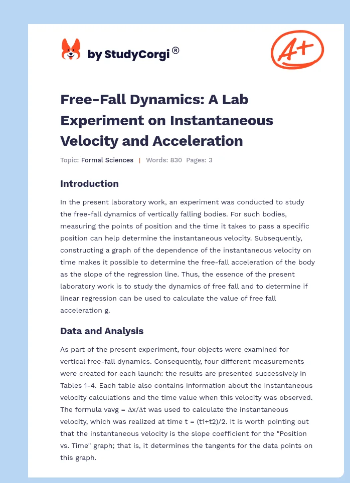 Free-Fall Dynamics: A Lab Experiment on Instantaneous Velocity and Acceleration. Page 1