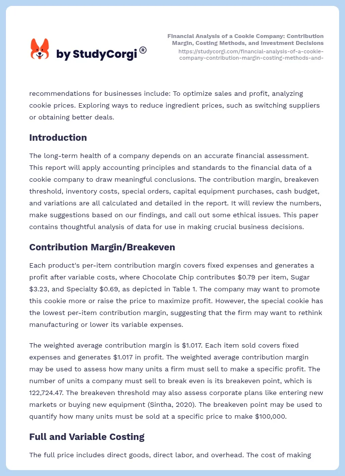 Financial Analysis of a Cookie Company: Contribution Margin, Costing Methods, and Investment Decisions. Page 2