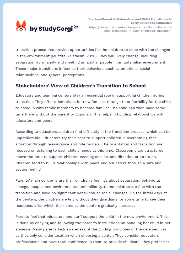 Teacher-Parent Collaboration and Child Transitions in Early Childhood Education. Page 2