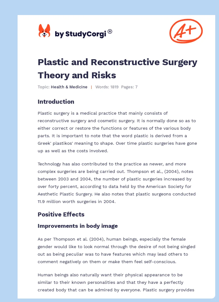 Plastic and Reconstructive Surgery Theory and Risks. Page 1