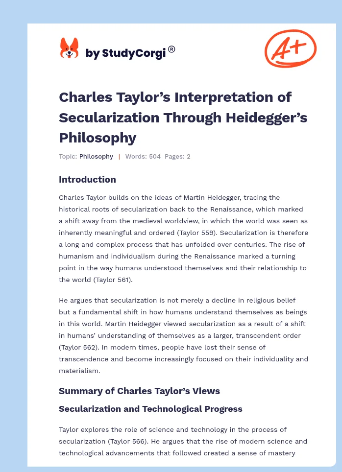 Charles Taylor’s Interpretation of Secularization Through Heidegger’s Philosophy. Page 1
