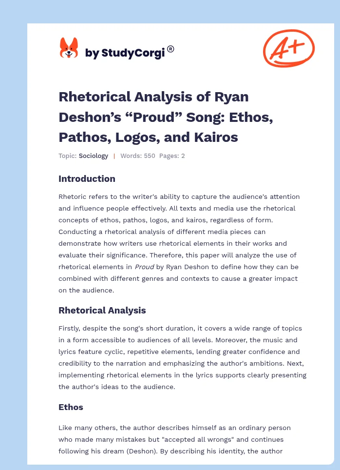 Rhetorical Analysis of Ryan Deshon’s “Proud” Song: Ethos, Pathos, Logos, and Kairos. Page 1