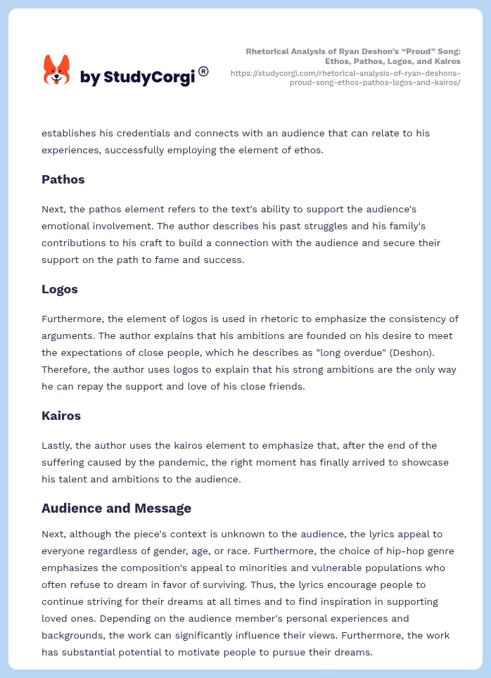 Rhetorical Analysis of Ryan Deshon’s “Proud” Song: Ethos, Pathos, Logos, and Kairos. Page 2