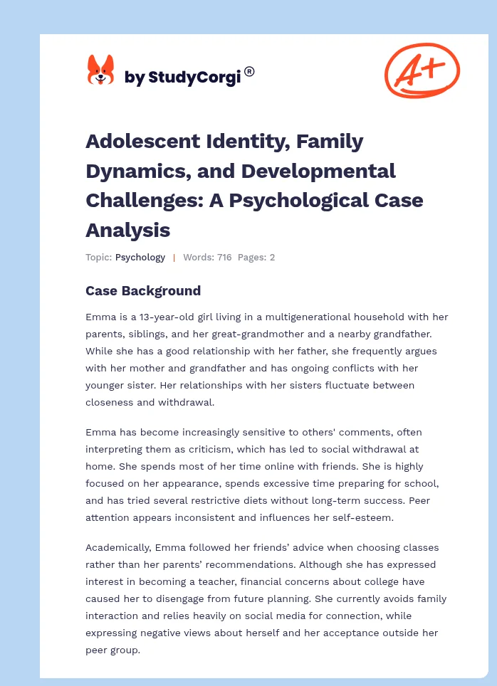 Adolescent Identity, Family Dynamics, and Developmental Challenges: A Psychological Case Analysis. Page 1