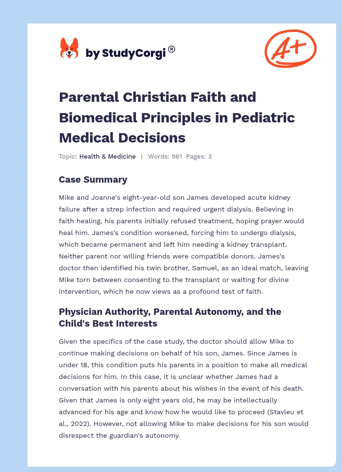 Parental Christian Faith and Biomedical Principles in Pediatric Medical Decisions. Page 1