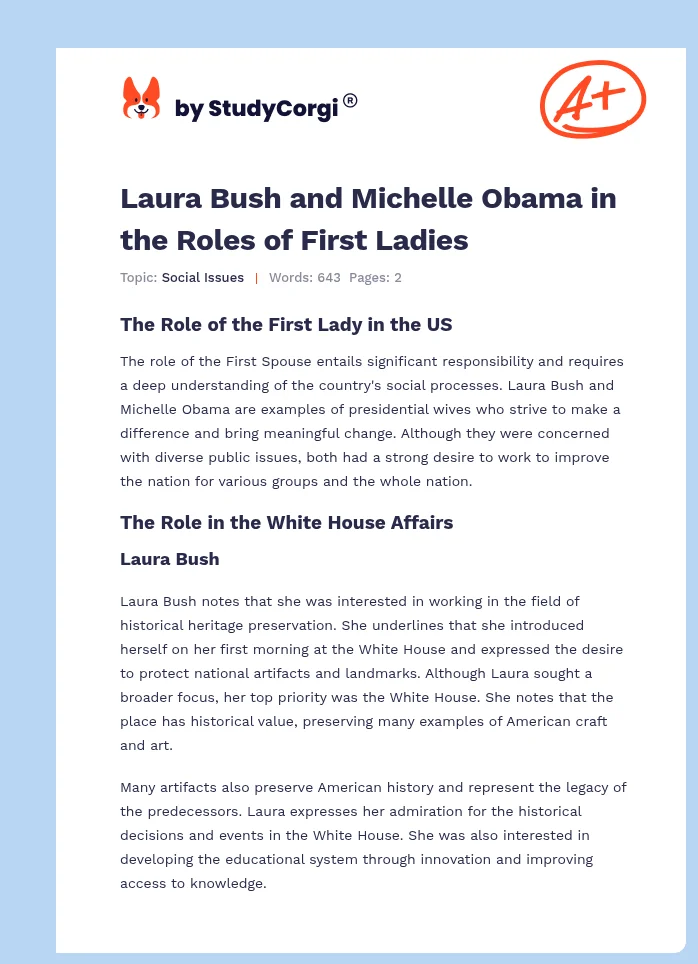 Laura Bush and Michelle Obama in the Roles of First Ladies. Page 1
