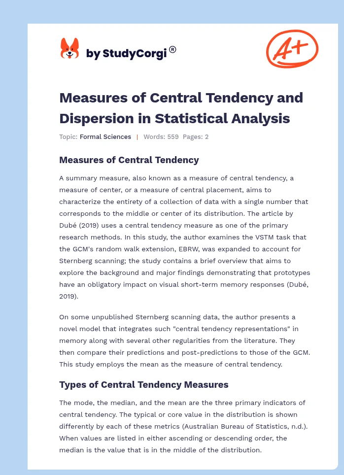 Measures of Central Tendency and Dispersion in Statistical Analysis. Page 1