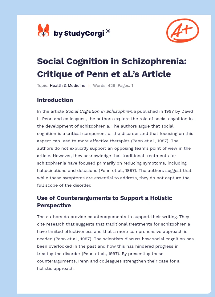 Social Cognition in Schizophrenia: Critique of Penn et al.’s Article. Page 1