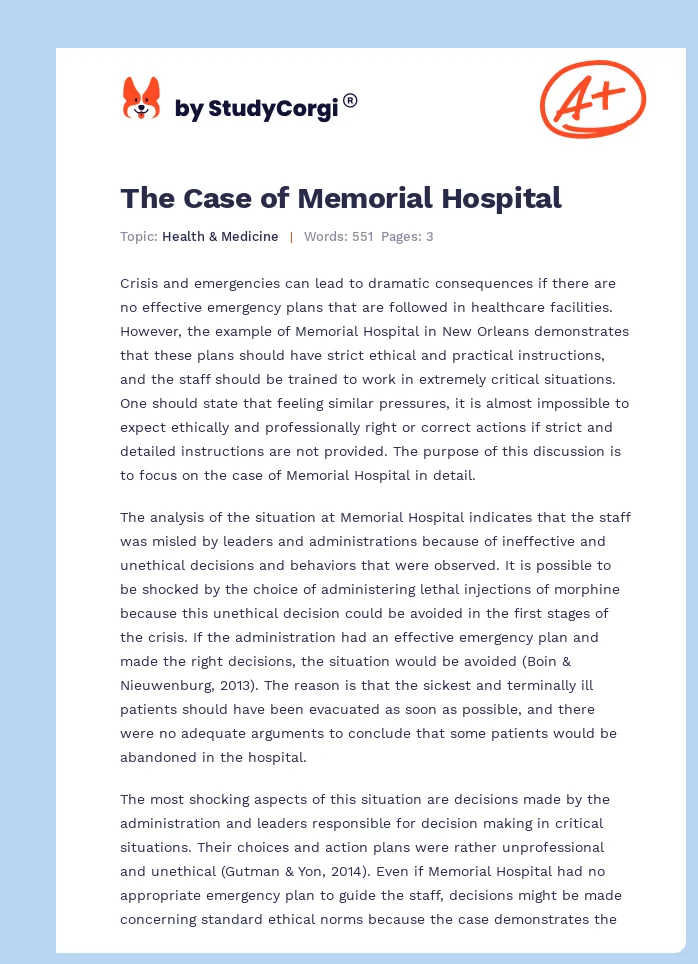 The Case of Memorial Hospital. Page 1