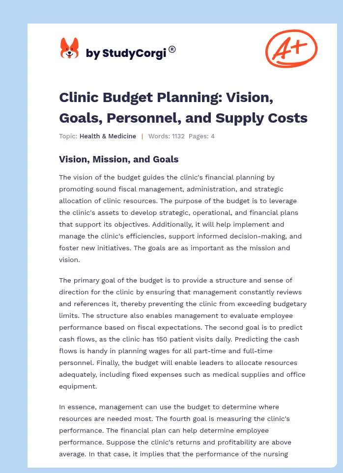 Clinic Budget Planning: Vision, Goals, Personnel, and Supply Costs. Page 1