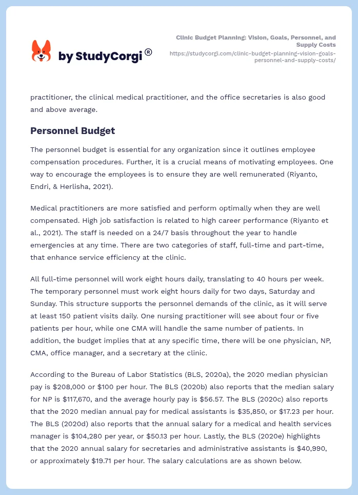 Clinic Budget Planning: Vision, Goals, Personnel, and Supply Costs. Page 2