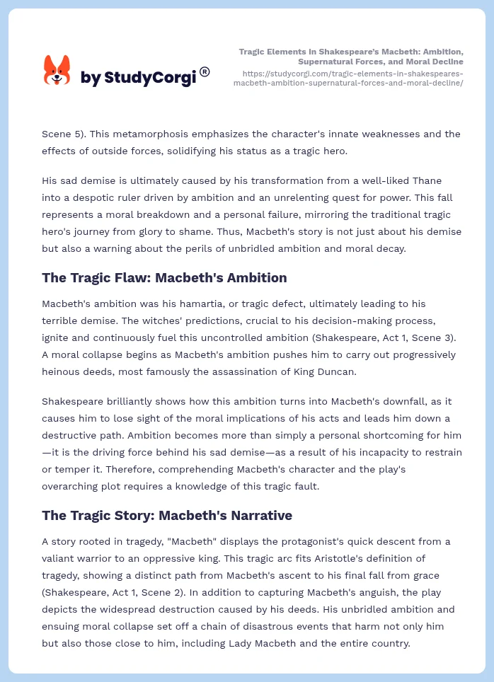 Tragic Elements in Shakespeare’s Macbeth: Ambition, Supernatural Forces, and Moral Decline. Page 2