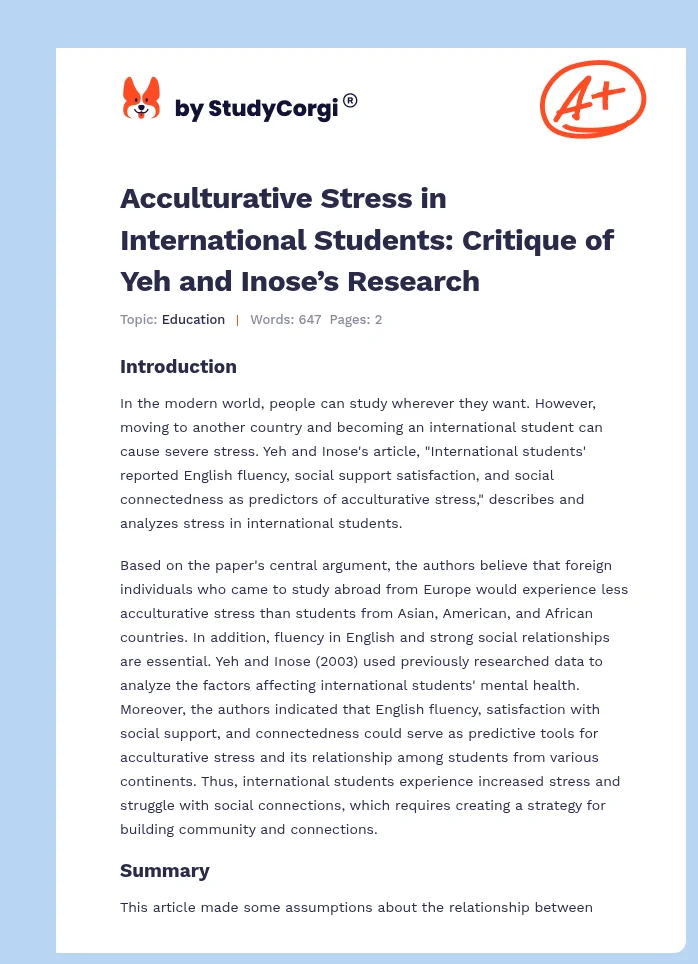Acculturative Stress in International Students: Critique of Yeh and Inose’s Research. Page 1