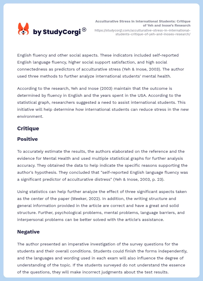 Acculturative Stress in International Students: Critique of Yeh and Inose’s Research. Page 2