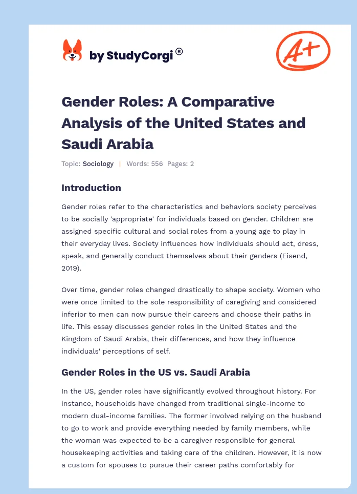Gender Roles: A Comparative Analysis of the United States and Saudi Arabia. Page 1