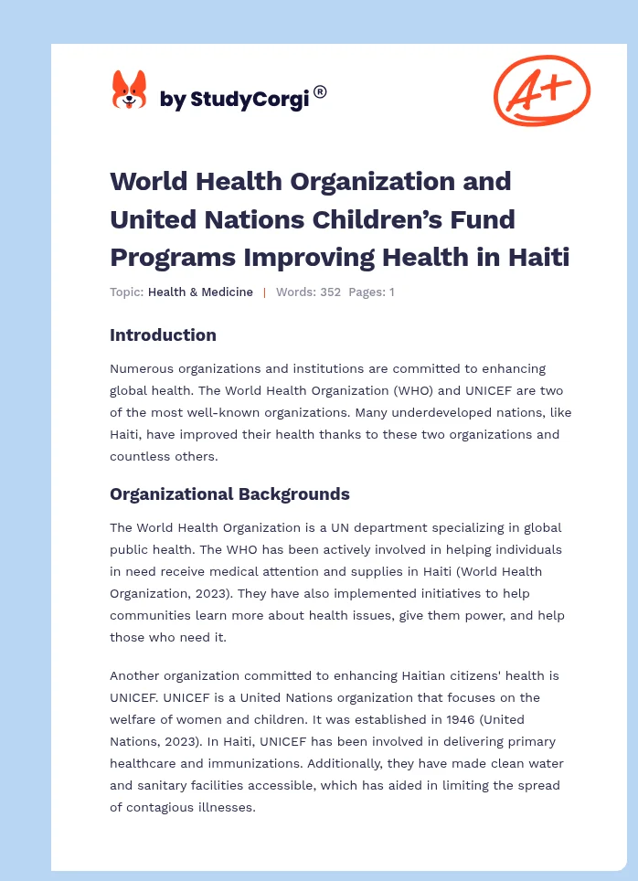 World Health Organization and United Nations Children’s Fund Programs Improving Health in Haiti. Page 1