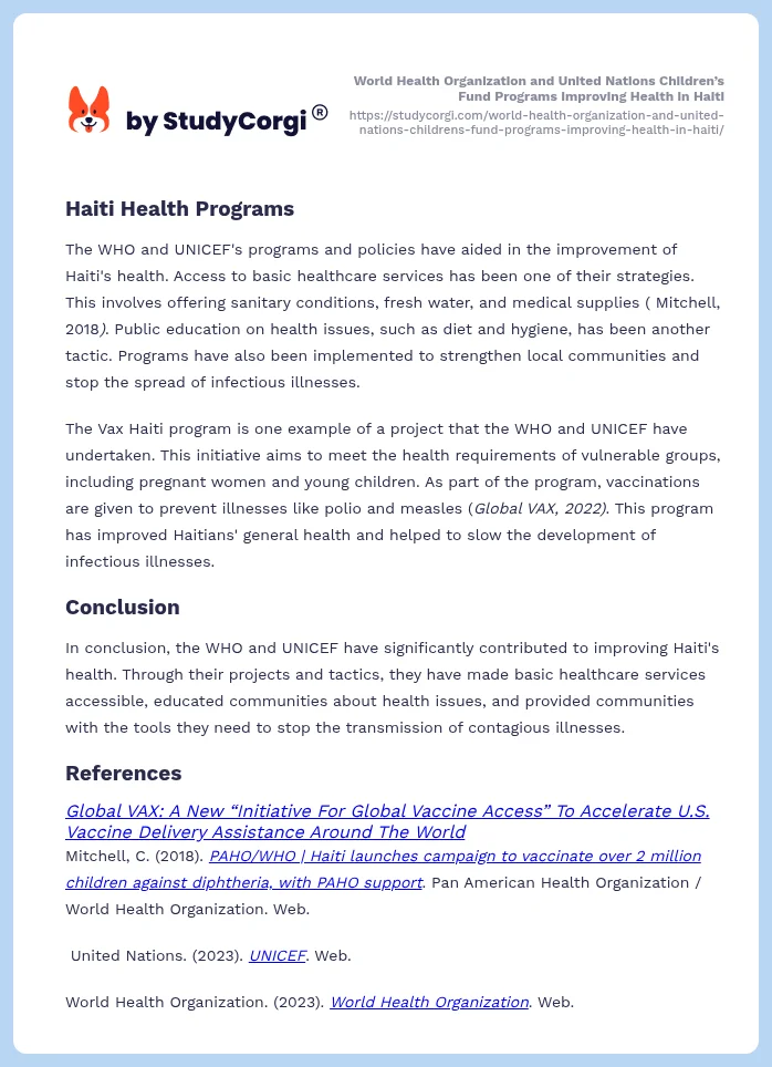 World Health Organization and United Nations Children’s Fund Programs Improving Health in Haiti. Page 2