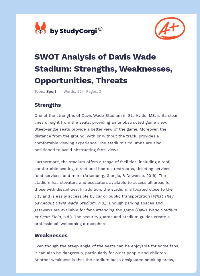 SWOT Analysis of Davis Wade Stadium: Strengths, Weaknesses, Opportunities, Threats. Page 1