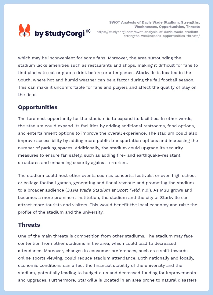 SWOT Analysis of Davis Wade Stadium: Strengths, Weaknesses, Opportunities, Threats. Page 2